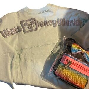 Light Blue Sparkle Disney Kids Spirit Jersey & Rainbow Sequin Loungefly Wristlet